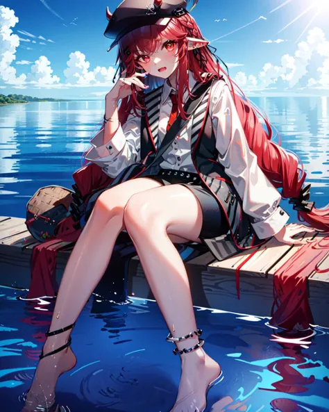 masterpiece,best quality,ultra-detailed,very detailed illustrations,extremely detailed,intricate details,highres,super complex details,extremely detailed 8k cg wallpaper,cowboy shot, caustics,reflection,tracing, (1girl:1.4),solo,alone, headgear, long hair,red hair,  hair between eyes, multicolored hair, colored inner hair, red eyes,glowing eye,eye trail, random expressions,sitting,ocean,  <lyco:GoodHands-beta2:1.0>,full body, cetus,coda,ocean,coralcoast,cowboy shot, sitting,