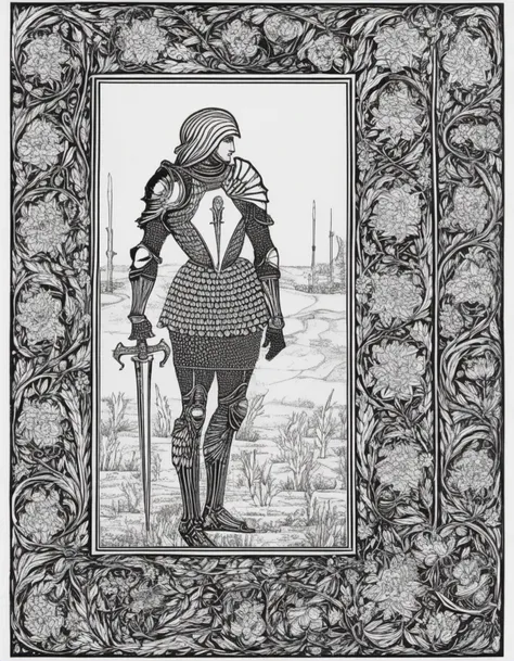 art nouveau, a knight in armor, detailed, monochrome, flower, border, b34rdsl3y style, <lora:beardsley1:1>