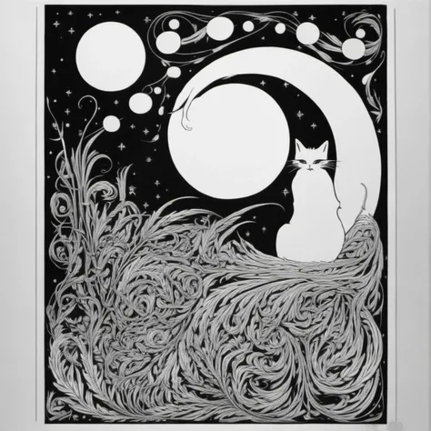 a cat in front of the moon, <lora:beardsley1:1> detailed, art nouveau, monochrome, b34rdsl3y style
