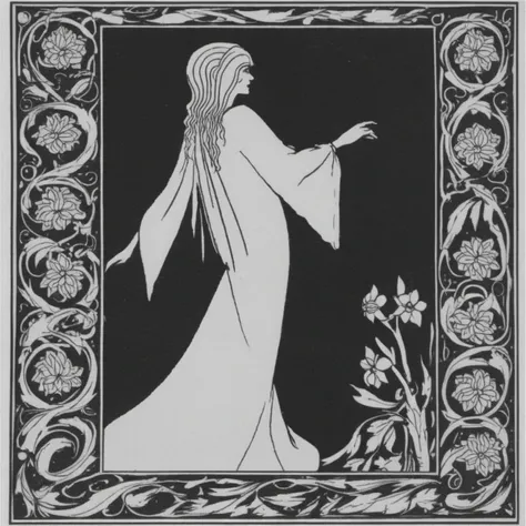 art nouveau, woman in a dress, <lora:beardsley1:1> monochrome, flower, border, b34rdsl3y style