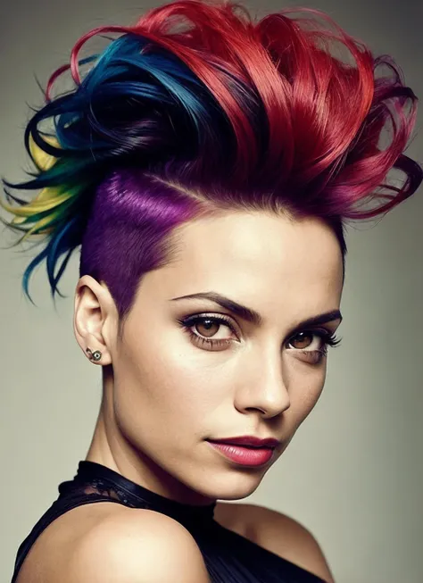 portrait of sks woman by Flora Borsi, style by Flora Borsi, bold, bright colours, rainbow Mohawk haircut, ((Flora Borsi)), <lora:lora_rosario_v1_from_v1_160:1>