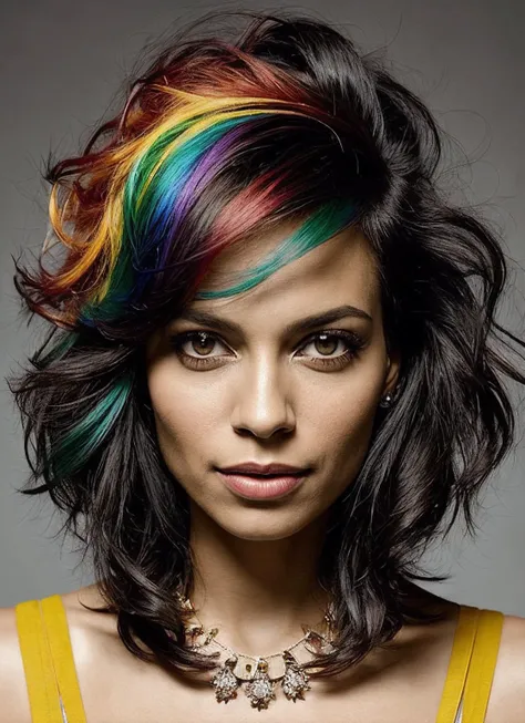 portrait of sks woman by Flora Borsi, style by Flora Borsi, bold, bright colours, rainbow Mohawk haircut, ((Flora Borsi)), <lora:lora_rosario_v1_from_v1_160:1>