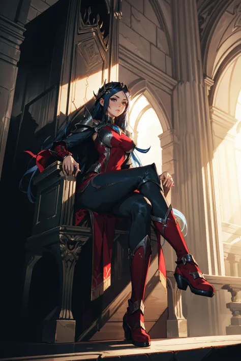 1girl,irelia, ribbon, arm ribbon,long hair, blue hair, light armor,red dress,thight dress,boots,big breasts,thick thighs,curvy,thicc,looking at viewer,castle,detailed castle,amazing room, walking to viewer,serious,thinking expression,(sit),(sit on throne),(throne:1.3),(croosed legs),(from below),masterpiece,extremely detailed CG unity 8k wallpaper, best quality,32k,focus sharp, <lora:ireliav2-000034:0.8>,