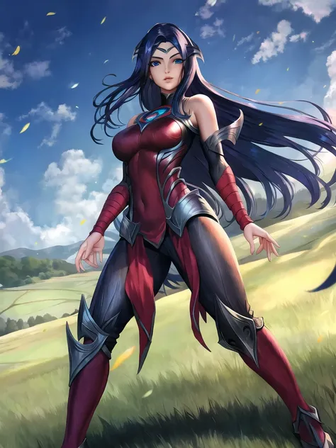 grass, field, sky, irelia, league of legends, (black legwear), highres, 1girl, armor, arm wrap, breasts, bangs, bare shoulders, blade, blue eyes, blue hair, covered navel, forehead protector, lips, long hair, medium breasts, off shoulder, parted bangs, parted lips, pelvic curtain, standing, solo <lora:ireliav2-000034:1>