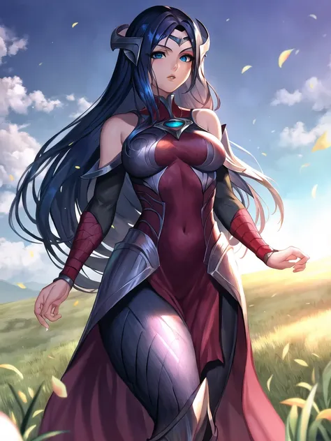 grass, field, sky, irelia, league of legends, (black legwear), highres, 1girl, armor, arm wrap, breasts, bangs, bare shoulders, blade, blue eyes, blue hair, covered navel, forehead protector, lips, long hair, medium breasts, off shoulder, parted bangs, parted lips, pelvic curtain, standing, solo <lora:ireliav2-000034:1>