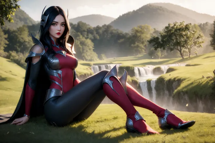 masterpiece, (photorealistic:1.4), best quality, beautiful lighting, Irelia from league of legends, 1girl, red eyes, long hair, looking at viewer, , solo, intricate details, natural light, RAW photo, 8k uhd, film grain, full body, full growth, medium breast, cute face, a pointy chin, sitting in the field, legs, <lora:ireliaFromLeagueOf_ireliaV1:1>, waterfall background, armor, red lips, cape on the shoulders