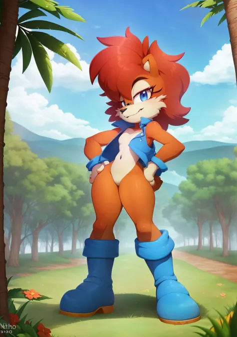 <lora:Sally Acorn:1>,(uploaded on e621) (((by nitro, by marthedog, by naoto oshima))),(masterpiece, best quality:1.2) 1girl,solo,breasts,looking at viewer,blue eyes,medium breasts,two-toned fur,bodyfur,topless,bottomless,. vest,blue vest,sleeveless,boots,blue boots,footwear,hands on hips,brown fur,yellow fur,snout,animal ears,red hair,short hair,bangs,long eyelashes,Sally Acorn,forest,trees,blue sky,sunny,grass,detailed background,navel,makeup,standing,collarbone,open clothes,