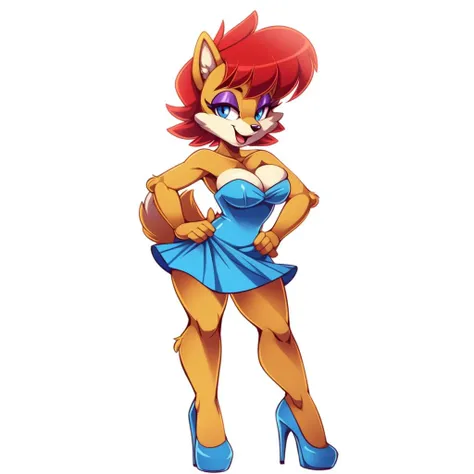 (uploaded on e621) (((by nitro, by marthedog, by naoto oshima))), 1girl, solo, breasts, smile, short hair, open mouth, bangs, blue eyes, simple background, white background, dress, animal ears, cleavage, bare shoulders, medium breasts, standing, tail, full body, red hair, shoes, looking to the side, eyelashes, strapless, makeup, blue dress, transparent background, short dress, strapless dress, furry, eyeshadow, hands on hips, blue footwear, furry female, body fur, animal nose, two-tone fur, Sally Acorn, masterpiece, best quality, yellow fur, high heels,
<lora:Sally Acorn:1>