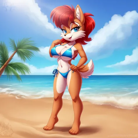 1girl, solo, breasts, smile, bangs, blue eyes, large breasts, navel, animal ears, cleavage, bare shoulders, closed mouth, standing, collarbone, tail, swimsuit, full body, bikini, red hair, outdoors, sky, barefoot, day, shiny, artist name, cloud, hand up, water, stomach, blurry, arm up, tree, blue sky, side-tie bikini bottom, ocean, watermark, beach, happy, grass, web address, furry, sand, furry female, horizon, pink bikini, body fur, pigeon-toed, white fur, animal nose, brown fur, two-tone fur, Sally Acorn
<lora:Sally Acorn:1>