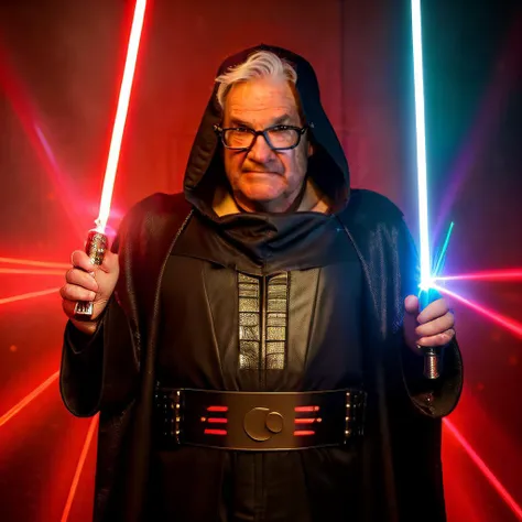 best quality, masterpiece, photorealistic, cinematic light, intricate details, (ultra-detailed), 8k, highres, 50yo man in sith lord costume, hood, glasses, jrpw, (laser eyes:1.3), evil smile, flames in the background, money shower, short hair, rich, <lora:jeromeHaydenPowell_jrpwV10:1.0>