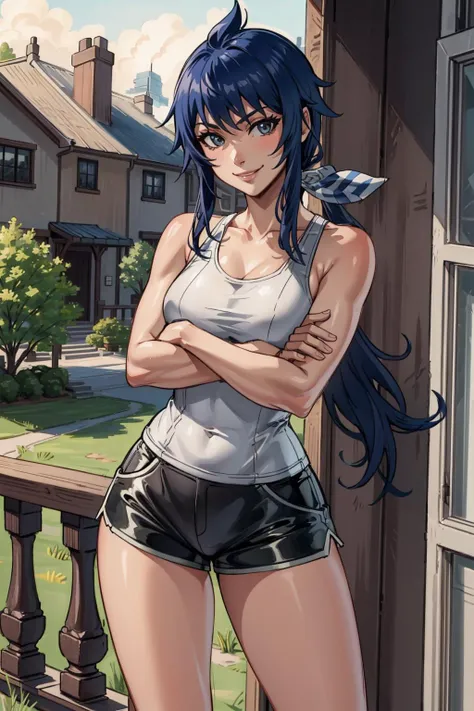 masterpiece, 4K, best quality, imca, ribbon, white tank top, latex shorts, standing, crossed arms, smile, porch <lora:imca-nvwls-v2:0.7>