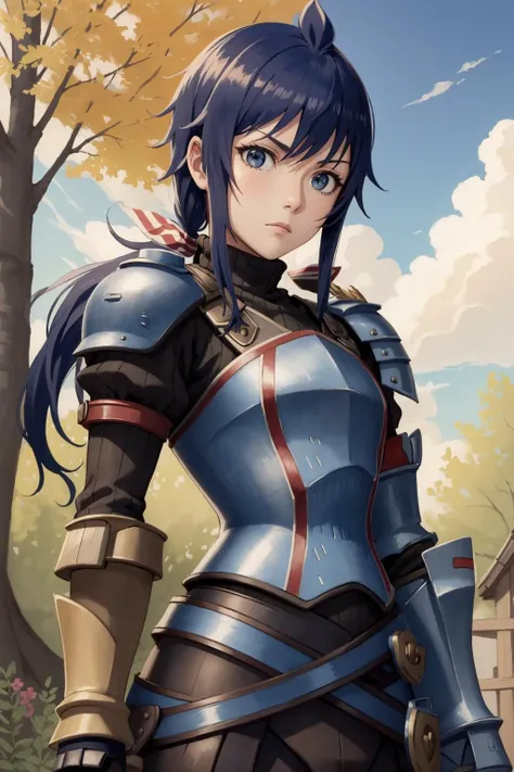 masterpiece, best quality, imca, ribbon, black turtleneck sweater, gauntlet, armor, boots, black gloves, neutral expression, looking at viewer, upper body, village, blue sky, deciduous trees <lora:imca-nvwls-v2:0.9>
