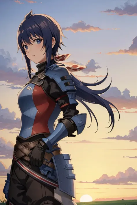 masterpiece, best quality, imca, ribbon, black turtleneck sweater, black gloves, gauntlet, armor, black pants, from side, sunset, farm, looking at viewer <lora:imca-nvwls-v2:0.9>
