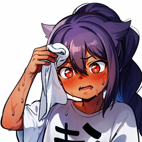 masterpiece, best quality
jahy, 1girl, child, black hair, long hair, braid ponytail, bangs, red eyes, dark skin, hair between eyes, slit pupils
panicking, solo focus
(oversized white t-shirt), (oversized clothes:1.2)
SweatingTowelGuy, sweat, towel