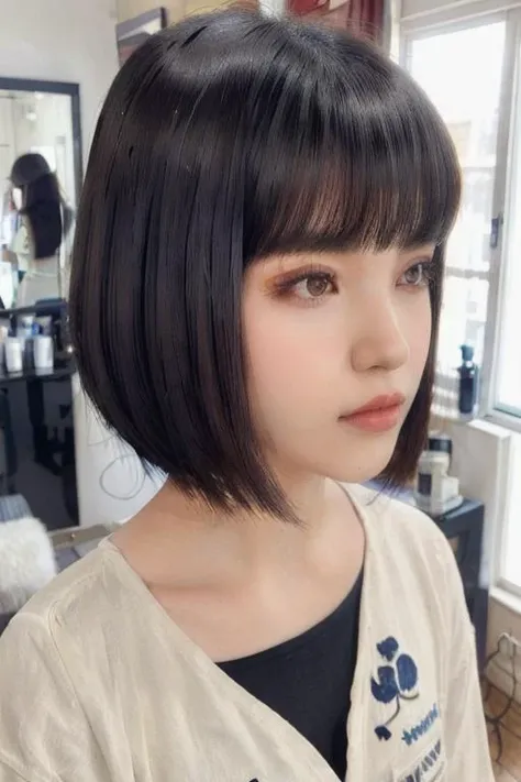 best quality, perfect skin, beautiful detailed eyes, 20 yo, <lora:egyptian_bob_hairstyle:0.8> egyptian_bob_hairstyle <lora:HashimotoKanna:0.3>