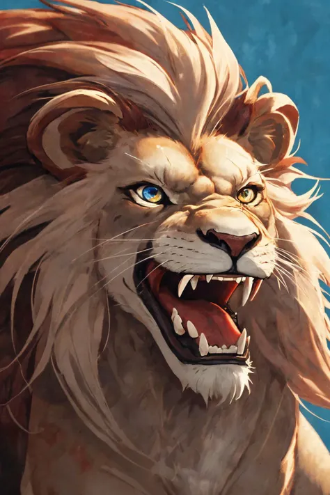 close-up photo portrait of a great red lion, blue eyes, very long lion's mane, roaring, open mouth, fangs, animal, no humans, simple background