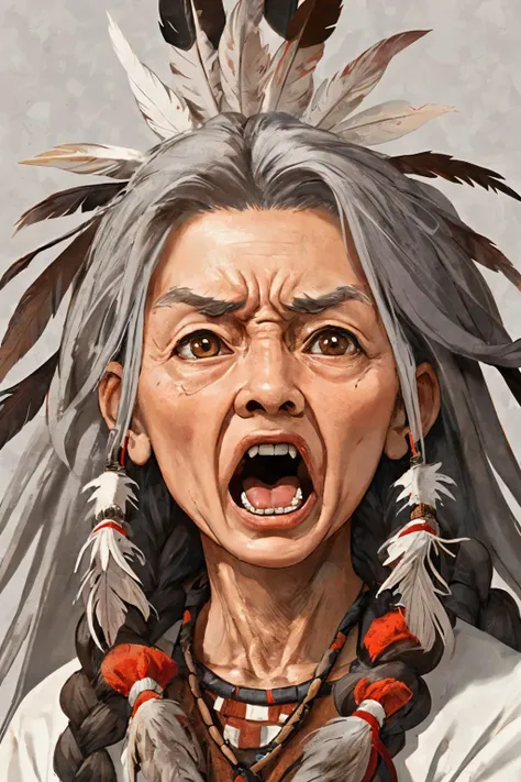 close-up photo portrait of a 100 yo old native american woman, grey hair, brown eyes, screaming face expression, twin braids, warbonnet, feathers, tribal, simple background
