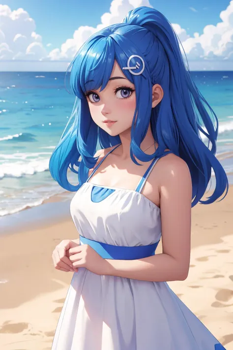 <lora:iechan:1> iechan, long hair, blue hair, hair ornament, hairpin, beach background, white dress