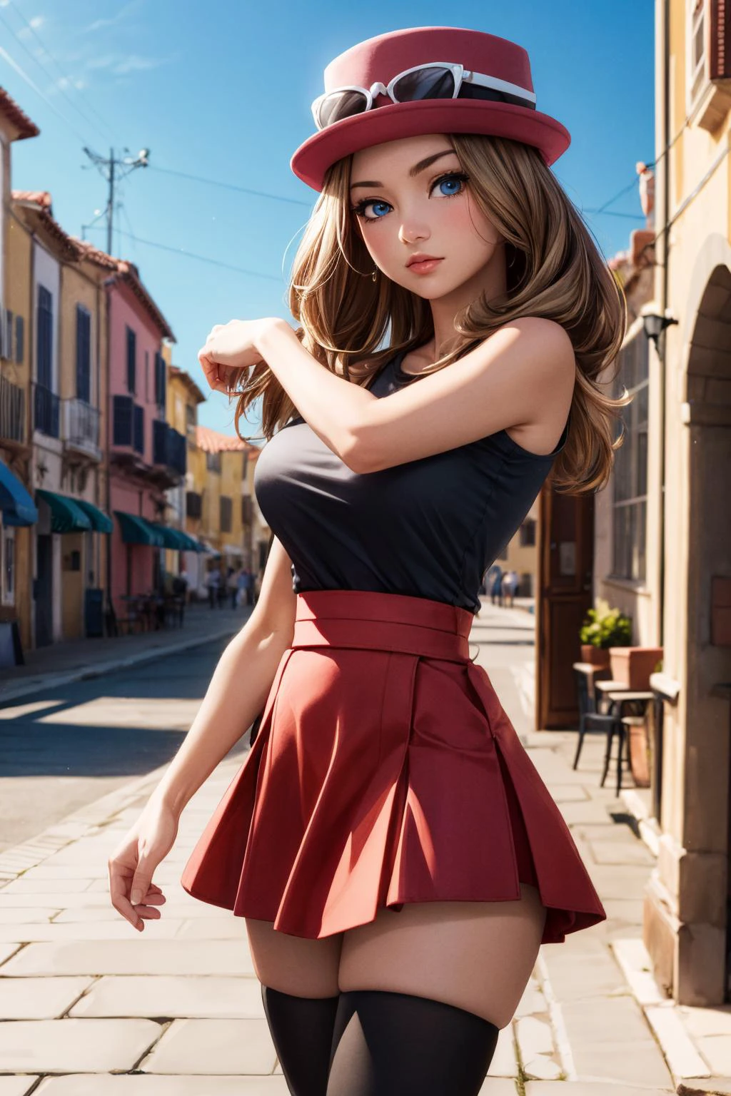 (ultra realistic,32k, masterpiece:1.2),(high detailed skin:1.1),( high quality:1.1),
<lora:pokemon serena-lora-nochekaiser:0.8>serena, long hair, blue eyes, brown hair,eyewear on head, hat, skirt, sunglasses, shirt, black shirt, sleeveless, red skirt, thigh highs, pink hat,mediterranean town, outside outdoor cafe,coffee,sunshine, blurry background,,fighting stance pose, (huge breast,large breast,:0.9),<lora:add_detail:0.75>,
(glow in the dark:1.1),