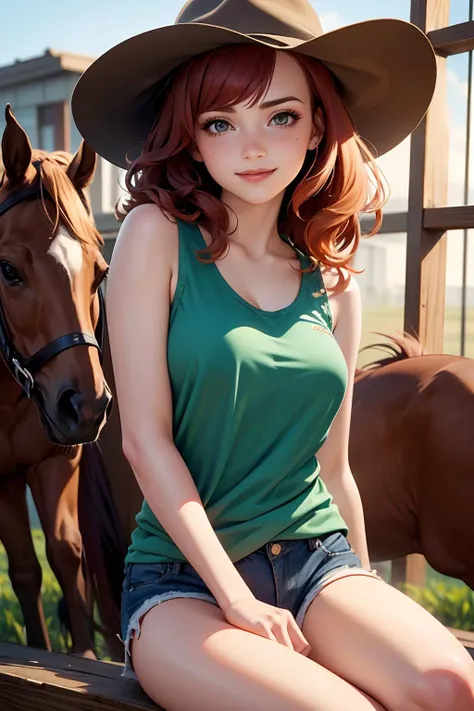 Beautiful Girl, Solo, Best Quality (8K),Face ((Freckles) (Adult)(Quality Best Quality)(8K))),Always Detailed Background (Grass Only Racecourse),Perfect Body Line(8 Heads),Full Body (Sting),Red Hair, Natural Perm with Red Hair,Short Bob Hair,Horse Ears,Big,Shorts,Long T-shirt with Plain Sleeves