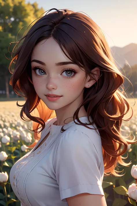 (masterpiece, best quality, highres, high resolution:1.2), extremely detailed, realistic, intricate details, seductive pose, eye-level shot, Samantha, a beautiful 22 year old woman from Ireland, sexy face, wavy red and brown hair, freckled skin, ,  on farm, cotton dress, posing in flower field, wind blown hair, smiling