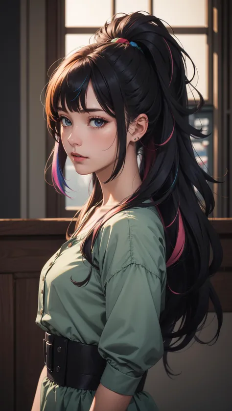 (masterpiece:1.1),(highest quality:1.1),(HDR:1),girl with really wild hair,mane,multicolored hairlighting,(from front:0.6),