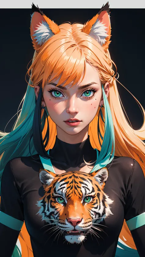 (masterpiece:1.1), (highest quality:1.1), (HDR:1.0), extreme quality, cg, (negative space), detailed face+eyes, 1girl, fox ears, animal ear fluff, (plants:1.18), (fractal art), (bright colors), splashes of color background, colors mashing, paint splatter, complimentary colors, neon, (thunder tiger), compassionate, electric, limited palette, synthwave, fine art, tan skin, upper body, (green and orange:1.2), time stop, sy3, SMM