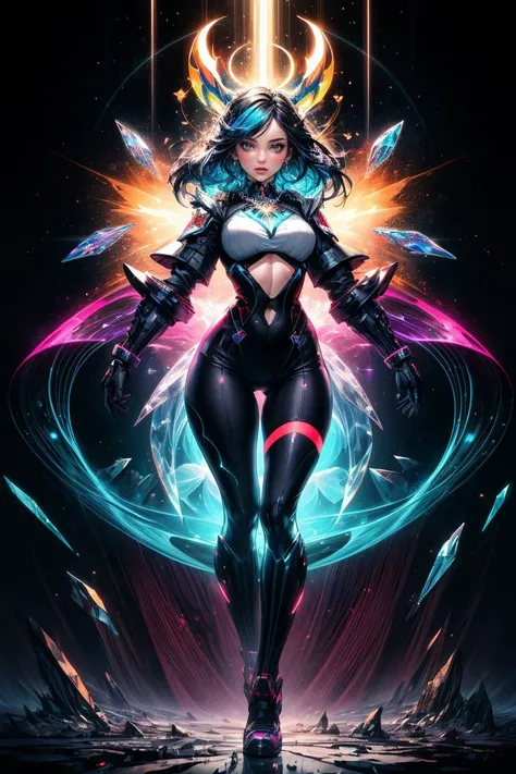 (full shot:1.2), beautiful woman of Crystal, dynamic pose, Temporal Rift, Lens Flare in Russ Mills style, Psychedelic, Luminous, masterpiece, thin waist, thigh gap, trending on artstation, Rainbow, colorful and vibrant, Complimentary-Colors, high quality, imagination, 8k, fantasy art, vivid magical colors, <lora:more_details:0.8> <lora:epi_noiseoffset2:1>