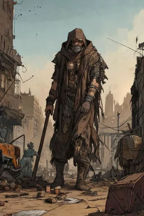 rloiselstyle, 2d, cartoon, comics, drawing illustration, flat ink, thick outline, crosshatch texture, techno-punk, brutalist sttyle, post-apocalyptic city ruins in a desert, an lonely old exhausted man, sinister expression, dressed in rags, wearing a hooded cape, holding a long wooden cane, (painfully dragging a huge caddie filled with junks on the ground:1.2), in a devastated sandy (deserted) street, blasted by the wind, detailed face, destroyed buildings, wrecked cars, pipes, ducts, cables, broken vents, dust, dirt, rust, detailed character, detailed face, intricately detailed, dramatic lighting