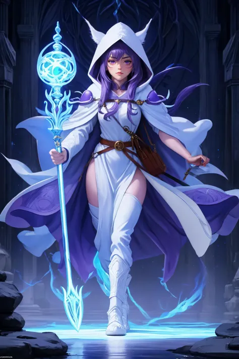 1nekowoman mage with puffy tail holding wooden magical staff , wearing white hooded robe with bags on belt, Conor Herrington, Alayana Lemmer, purple hair, mage, (masterpiece) (best quality) (detailed) (8k) (cinematic lighting) (sharp focus) (intricate), maximum details