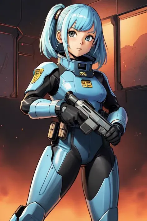 masterpiece by Masamune Shirow, drawing, cartoon, comics, 2d, flat ink, thick outline, realistic illustration medium full shot shot of a young space trooper woman on Mars, special infiltration unit elite corps