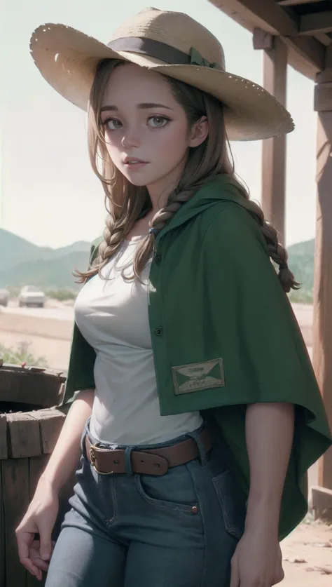 (TawneeStone), exquisite beautiful (female cowboy with hat), blonde with braid, old leather sun dried cowboy pants, belt, washed up white-green poncho, western, wild west, cinematic shot, dynamic lighting, 75mm, Technicolor, Panavision, cinemascope, sharp focus, fine details, 8k, HDR, realism, realistic, key visual, film still, superb cinematic color grading, depth of field
 <lora:TawneeStone_v1.0:1>