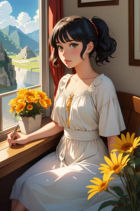 1girl, masterpiece Redshift render, masterpiece, cinematic shot of a ("American pie, drove my Chevy to the levee, but the levee was dry.":1.3) , it is very Distorted and Aspiring, from inside of a Winged Machu Picchu, warm flowers with Marigold, Moon in the night, in focus, scene art, (stylized by Al Feldstein:0.9) , (Jillian Tamaki:0.7) , (Pablo Picasso:1.3) , Lonely, Neoclassicism, Sun Rays, 50mm, Lomography, halation, Digital distortions, most beautiful artwork in the world, award winning