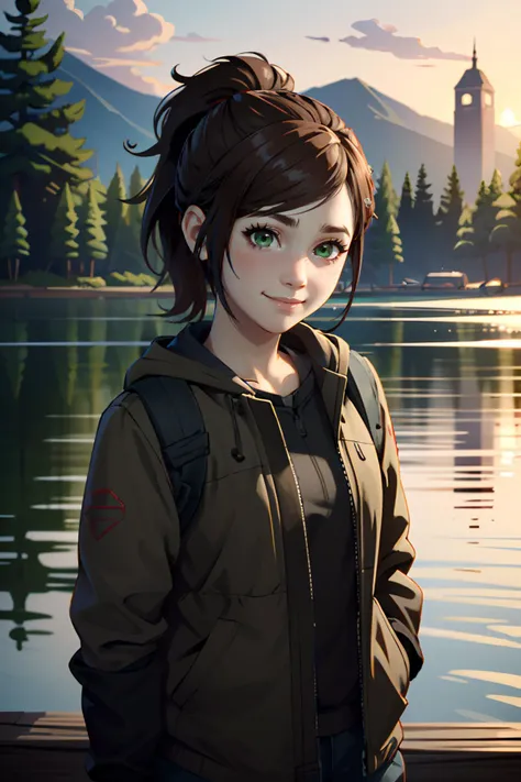 ((ultra detailed, masterpiece, absurdres))
<lora:TLOUEllie:0.8>
TLOUEllie, 1girl, ponytail, brown hair, green eyes, smile, Secluded Lakeside Pier with Reflections at Dusk