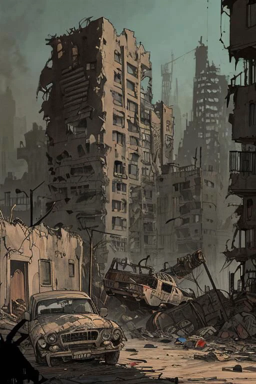 rloiselstyle, 2d, cartoon, comics, drawing illustration, flat ink, thick outline, crosshatch texture, techno-punk, brutalist sttyle, post-apocalyptic city ruins in a desert, an old exhausted man, sinister expression, dressed in rags, wearing a hooded cape, holding a long wooden cane to help him, painfully dragging a cart filled with junks in a devastated sandy street, blasted by the wind, detailed face, destroyed buildings, wrecked cars, pipes, ducts, cables, broken vents, dust, dirt, rust, detailed character, detailed face, intricately detailed, dramatic lighting