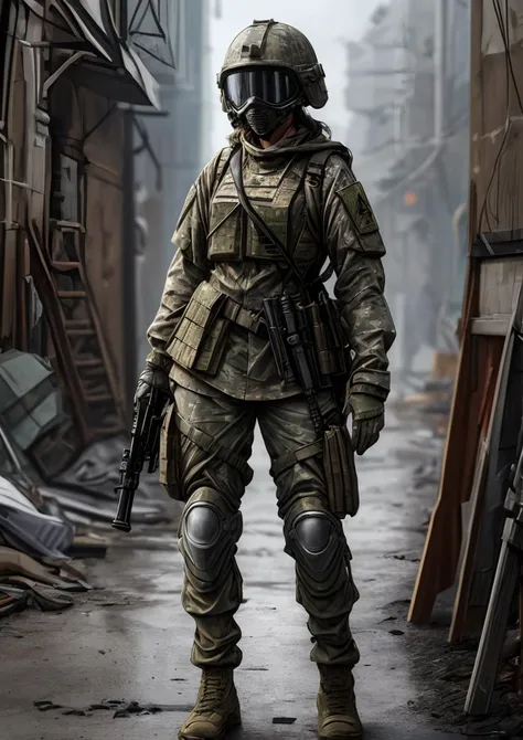 masterpiece, best quality, HDR,  soldier girl, military armor, ratnik,  kevlar helmet, cammo paint, (cyberpunk:0.8), gritty, dirty, clutter, film grain, <lora:more_details:1>