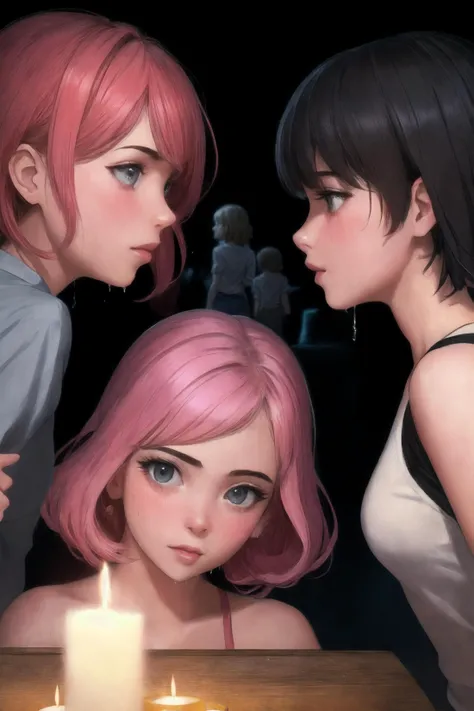 (Casual Photo), 18 years old, belle Delphine, pink hair, petite, small beasts, (three girls:2.2), cheek on cheek, dimly lit, candlelight, (dynamic pose), superb cinematic color grading, close up, (no meshing), sharp focus, award-winning photograph, (realistic face), portrait, beautiful features, (sweaty body), (warm colors), undershot, wet hair, (evening), dim lights, cinematic shot, dynamic lighting, 75mm, Technicolor, Panavision, cinemascope, sharp focus, fine details, 8k, HDR, realism, realistic, key visual, film still, superb cinematic color grading, depth of field, , cinematic shot, dynamic lighting, 75mm, Technicolor, Panavision, cinemascope, sharp focus, fine details, 8k, HDR, realism, realistic, key visual, film still, superb cinematic color grading, depth of field, casual photo , casual photo