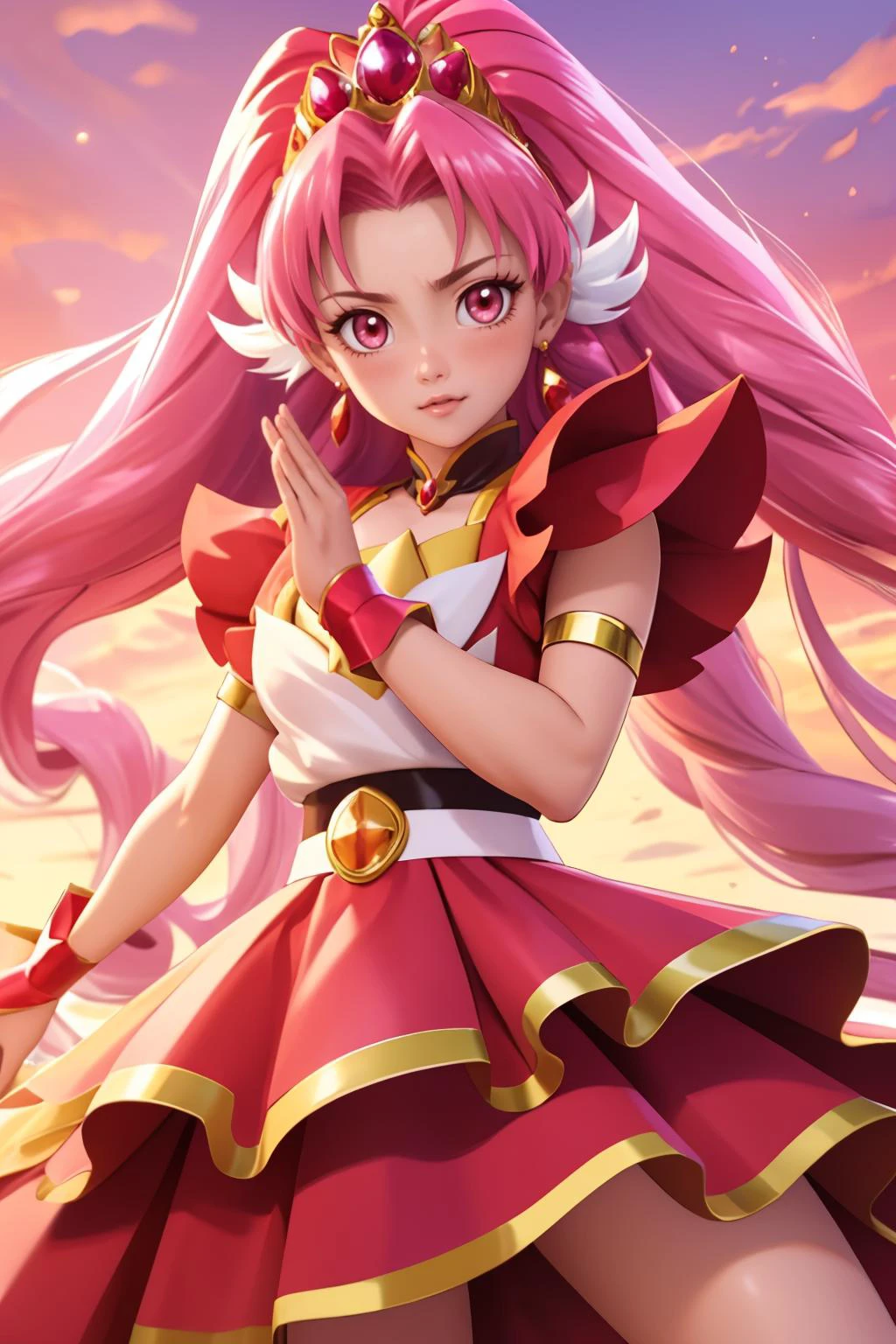 <lora:TwilightLORA:0.8> Akagi Towa, long hair, pink hair, parted bangs, parted bangs, red dress, magical girl, tiara, red sleeves, detached sleeves, skirt, earrings, fighting stance, determined face, pink sky,