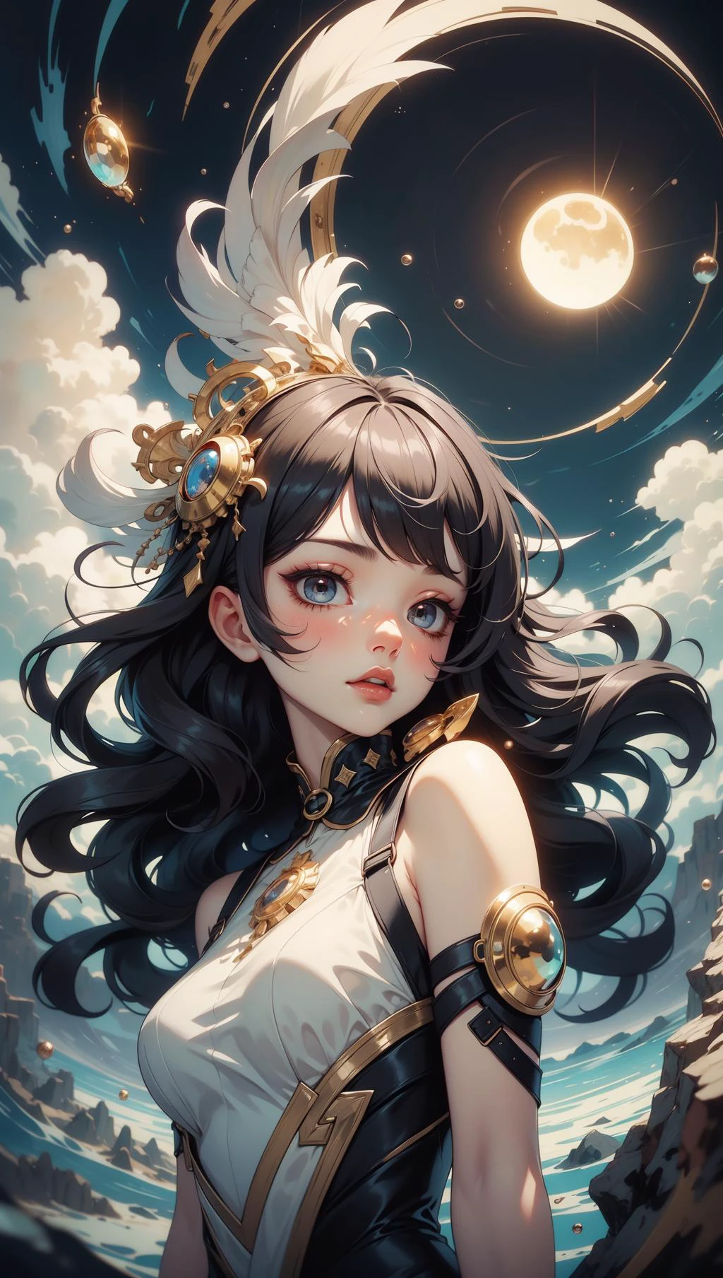 (masterpiece,top quality,best quality,official art,beautiful and aesthetic:1.2),<lora:Dreamwave v3:0.9>,dreamwave,harajuku_mimi,android,smoke,aesthetic,vortex,2d_harajyuku,beautiful woman,(elegant:1.2),flactal art,(zentangle:0.5),colorful,crystal,gold.,(sexy),wind,storm,backlighting,solar eclipse,long hair,vogue,depth of field,translucent,floating,