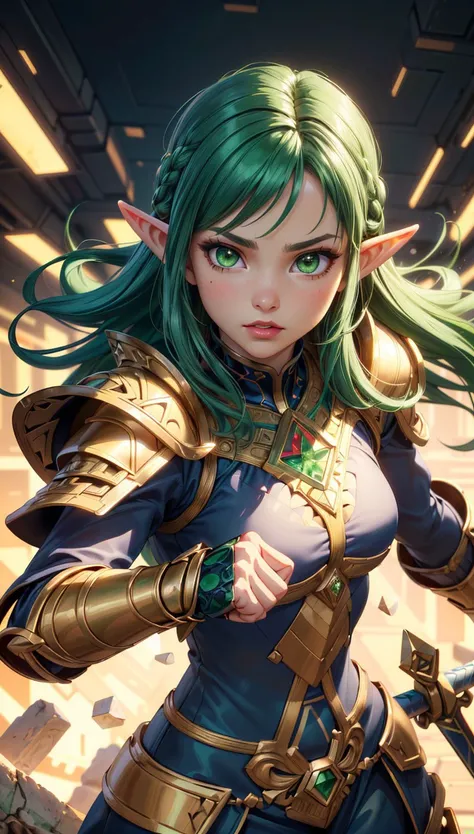 1girl,fighting stance,holding sword,((masterpiece, best quality, absurdres, realistic)),(beautiful elf warrior),(perfect face),perfect eyes,(armored dress adorned with gold and green gemstones),(green eyes, green hair),((geometric patterns)),((angular design)),vibrant shiny gems,(triforce symbolism),((ancient aztec style, geometric patterns)),(official art, ultra detailed, sharp focus, cinematic lighting, HDR, 8K),<lora:LORA-XenoDetailer-v3:1.3>,