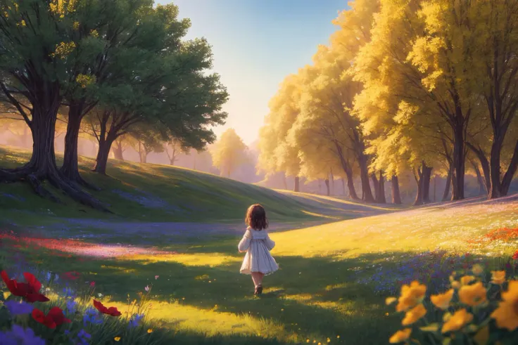 masterpiece,best quality,ultra high res, highly detailed, 8k, ultrarealistic, child of Memory, peaceful meadow, wildflowers, Crisp, Cinematic, ethereal beauty, warm colors, soulful, serene <lora:more_details:0.8>