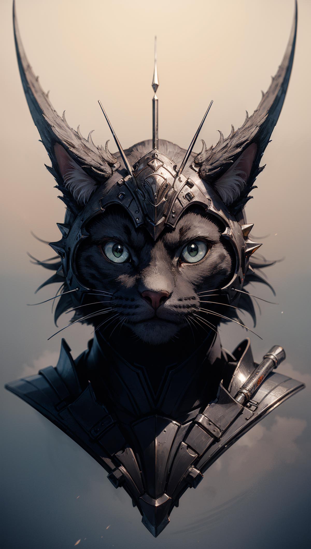 A close up of a cat wearing a helmet with spikes on it's head - SeaArt AI