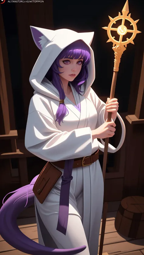 1nekowoman mage with puffy tail holding wooden magical staff,wearing white hooded robe with bags on belt,Conor Herrington,Alayana Lemmer,purple hair,mage,(masterpiece) (best quality) (detailed) (8k) (cinematic lighting) (sharp focus) (intricate),maximum details,