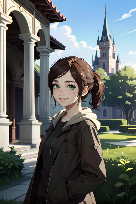 ((ultra detailed, masterpiece, absurdres))
<lora:TLOUEllie:0.8>
TLOUEllie, 1girl, ponytail, brown hair, green eyes, smile, Whimsical Fairytale Castle with Turrets and Gardens