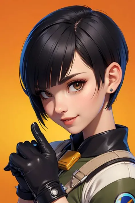 spiky bald hairstyle, short hair, mexican skin, gloves, crop top military, 1girl ,dark black hair, ((hair cut super short,)), soft Brown eyes, smile lips,