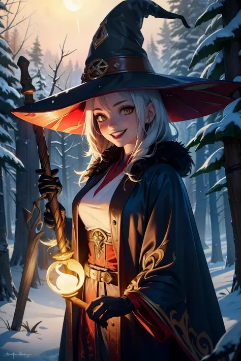 best quality, (1 girl), (fantasy, dark fantasy, mystery), (wide and evil smile, vampire, long vampire teeth:1.2), (witch hat, long blue robe with fur, leather armour:1.2), ((1 wooden staff:1.2), sparkles), (glowing and bright yellow eyes, light from eyes:1.2), night, snow forest, moonlight