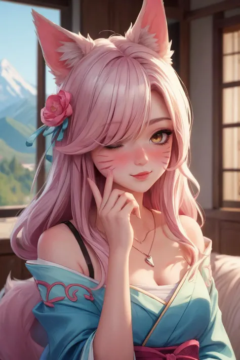 A beautiful Chinese girl who is gentle and cute., Delicate and sexy collarbone, The goose egg face is charming., Double eyelids, The wise eyes of a peach blossom, pink lips, small upturned nose, bare shoulders, focused face, face close up, Ultra high resolution, Superb details, full body photo, Sheer translucency, cat ears, cat tail, Petals fall, pink hair, charming gesture, sitting on the bed