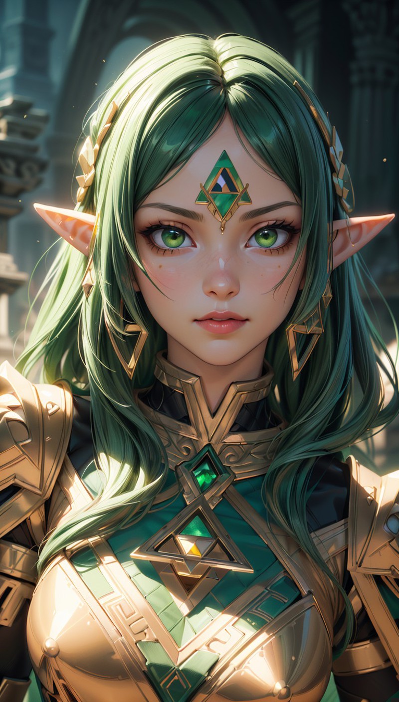 A woman with green hair and green eyes in a green outfit - SeaArt AI