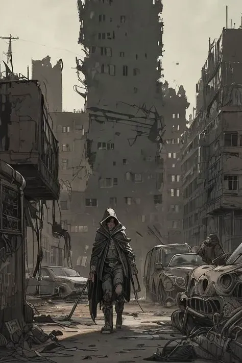 rloiselstyle, 2d, cartoon, comics, drawing illustration, flat ink, thick outline, crosshatch texture, techno-punk, brutalist sttyle, post-apocalyptic city ruins in a desert, an old exhausted man, sinister expression, dressed in rags, wearing a hooded cape, holding a long wooden cane to help him, walking with efforts in a devastated sandy street, blasted by the wind, detailed face, destroyed buildings, wrecked cars, pipes, ducts, cables, broken vents, dust, dirt, rust, intricately detailed, dramatic lighting