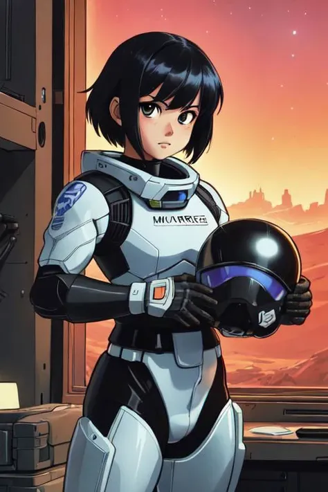 masterpiece by Masamune Shirow, drawing, cartoon, comics, 2d, flat ink, thick outline, realistic illustration medium full shot shot of a young space trooper woman on Mars, black ops
